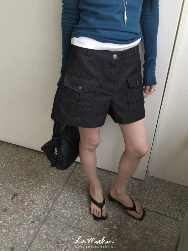 方口袋牛仔條紋短褲